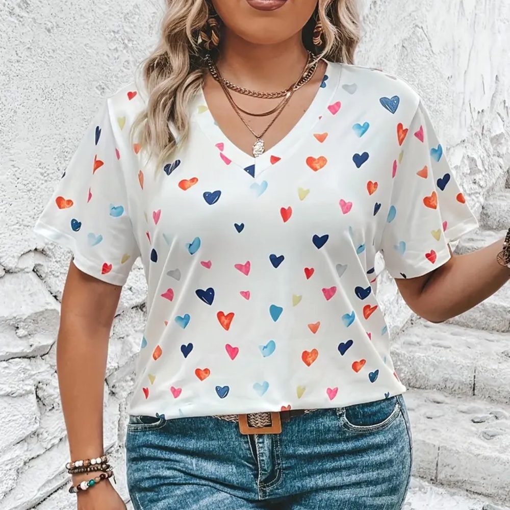 Colorful Heart Print Women 5XL Soft Stretch Top